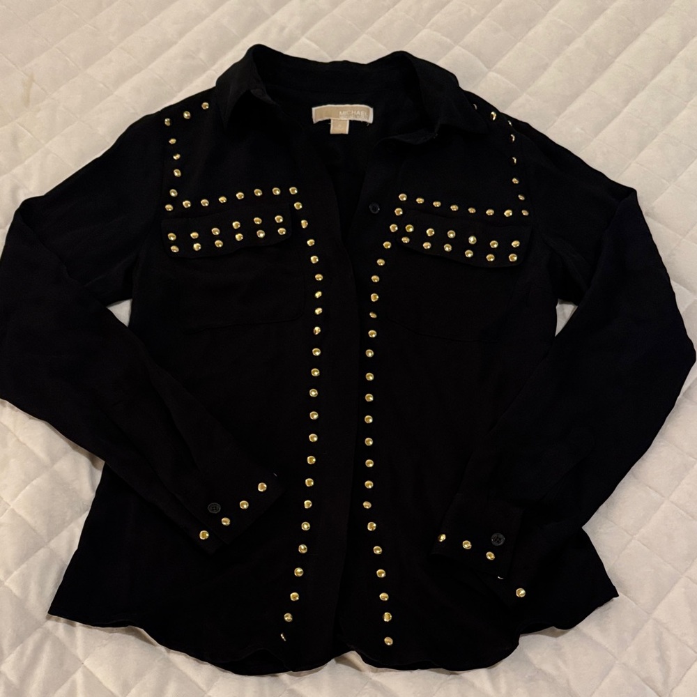 Michael Kors 100% Silk Black Gold Studded Button-Up Shirt